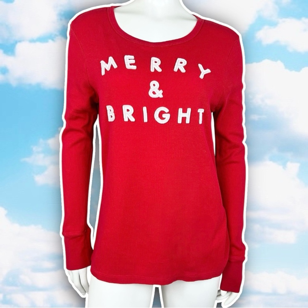 ❤️ OLD NAVY Merry and Bright Spellout Waffle Knit Thermal Top Christmas Holiday